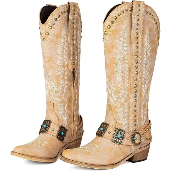 Women's Metallic Buckle Turquoise Knee High Rubber Rivet Western Tan Boots - Picture 2 of 6